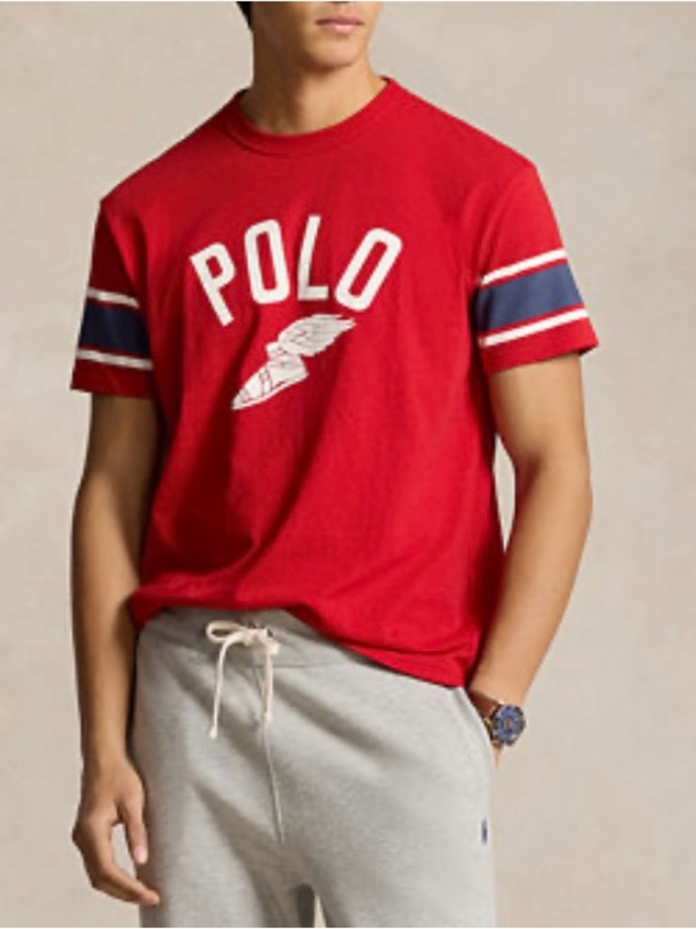 Polo by Ralph Lauren Red Logo Graphic Tee with Navy Sleeve Stripes